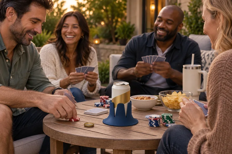Adults over thirty playing home poker beer can on separate wide side table outside cards chips and elbows. AI lifestyle illustration.