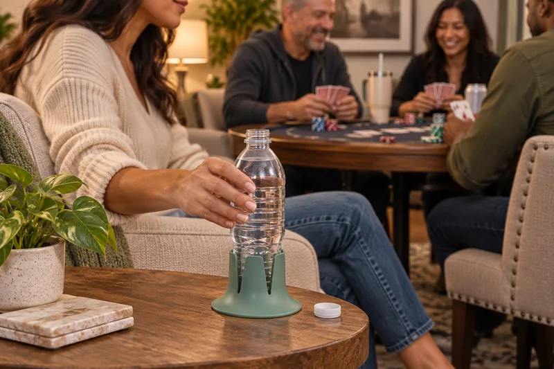 Adult poker player between hands water on broad stable side table adjacent to chair not on felt. AI lifestyle illustration.