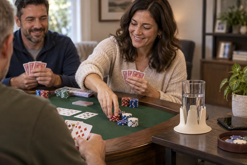 Adults mid-hand at home poker table with open clear water glass in Steadi on wide level side shelf or table within player reach, outside chip movement. AI illustration.