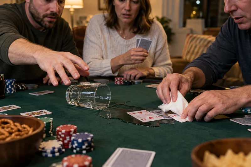 Reaching for chips catches water; it wets felt and a player's cards. AI illustration.